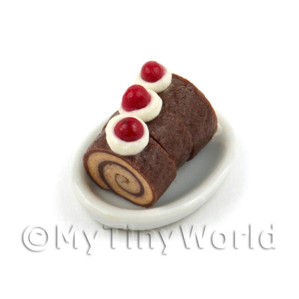 1/12 Scale Dolls House Miniatures  | 3 Slices of Dolls House Miniature Chocolate Roulade Cake On a Plate