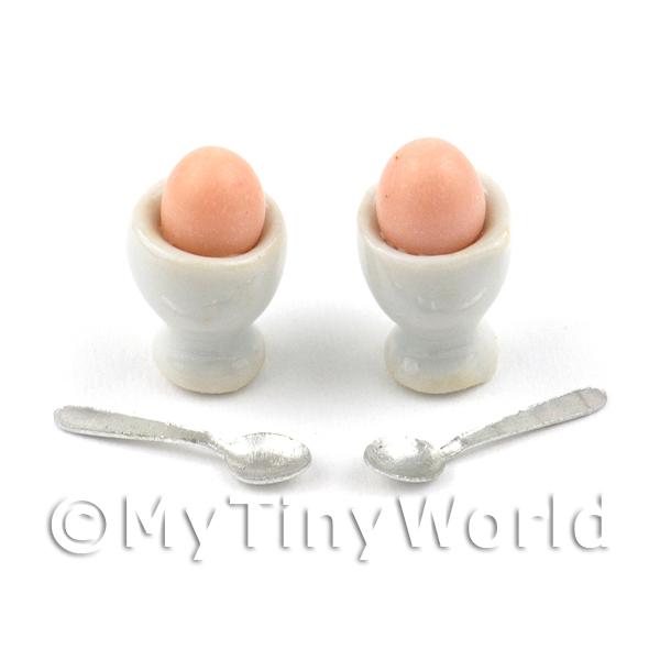 1/12 Scale Dolls House Miniatures  | 2 Dolls House Miniature Eggs in White Ceramic Egg Cups With Spoons