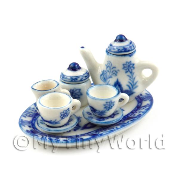 1/12 Scale Dolls House Miniatures  | Dolls House Miniature 6 Piece Blue And White Oval Coffee Set