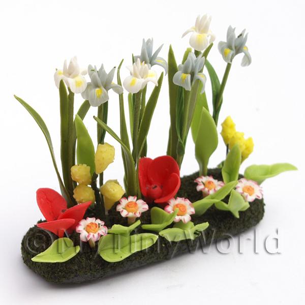 1/12 Scale Dolls House Miniatures  | Dolls House Flower Bed Filled With Blue Irises And Mixed Flowers (DIY10)