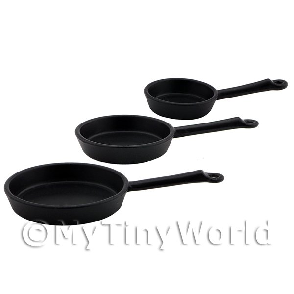 Dolls House Miniature Set of 3 High Quality Black Metal Frying Pans 