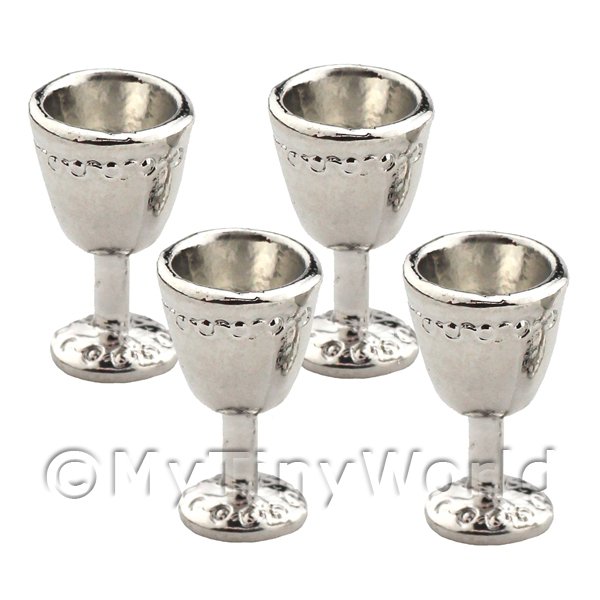 Dolls House Miniature Set of 4 Silver Metal Tudor Goblets 