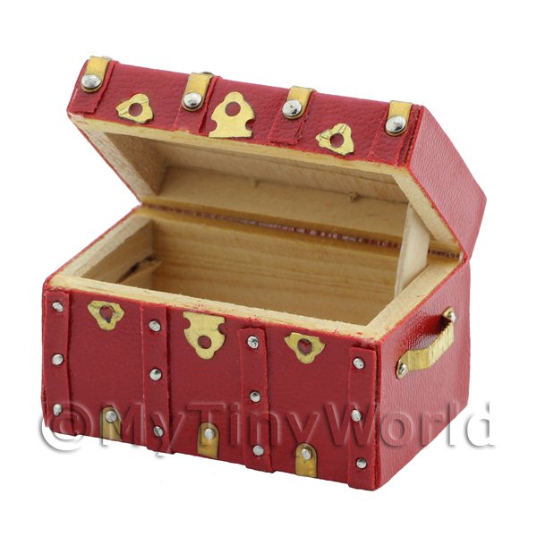 1/12 Scale Dolls House Miniatures  | Dolls House Miniature Red Trunk With Straps And Brass Detailing