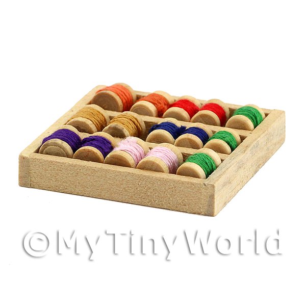 1/12 Scale Dolls House Miniatures  | Dolls House Miniature Wooden Tray With 15 Assorted Cotton Reels