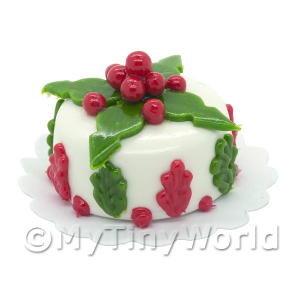 1/12 Scale Dolls House Miniatures  | Dolls House Miniature Christmas Cake With Holly Leaf Decoration