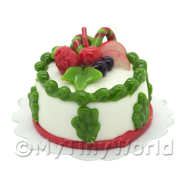 1/12 Scale Dolls House Miniatures  | Dolls House Miniature Christmas Cake With Candy Cane and Fruit