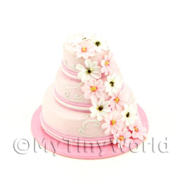 1/12 Scale Dolls House Miniatures  | Dolls House Miniature 3 Tier Pink Cake With Daisies