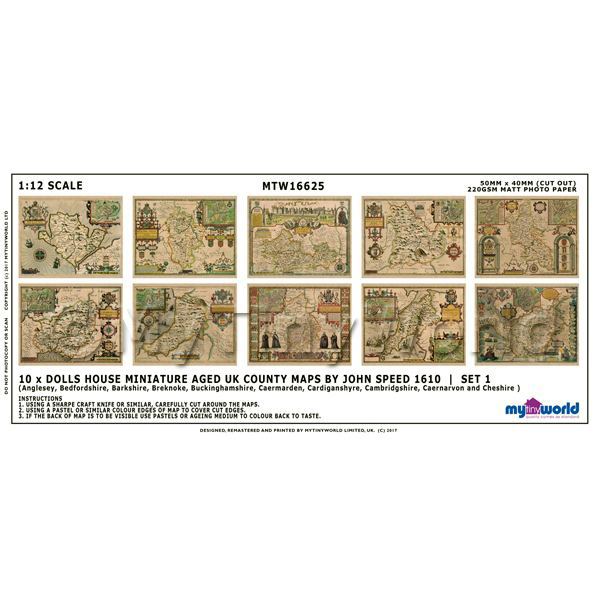 1/12 Scale Dolls House Miniatures  | Dolls House Miniature 10 Aged UK County Maps John Speed 1610 Set 1