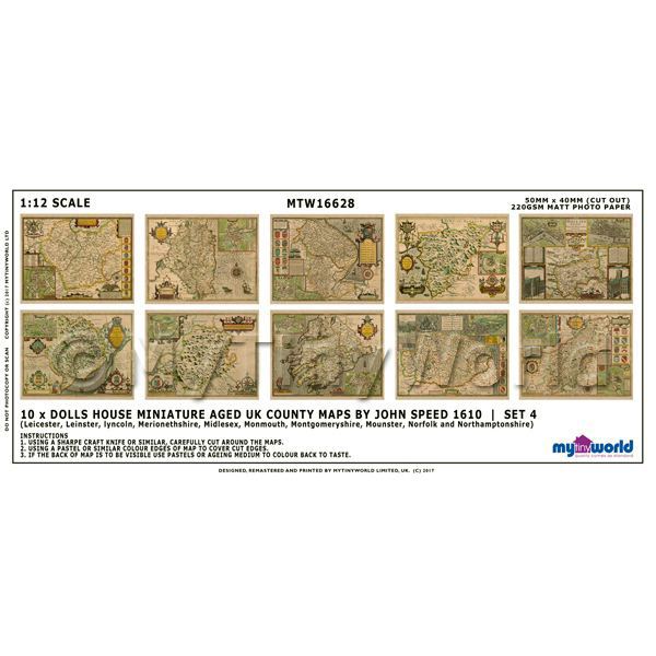 1/12 Scale Dolls House Miniatures  | Dolls House Miniature 10 Aged UK County Maps John Speed 1610 Set 4