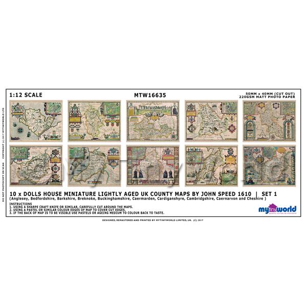 1/12 Scale Dolls House Miniatures  | Dolls House Miniature 10 UK County Maps John Speed 1610 Set 1