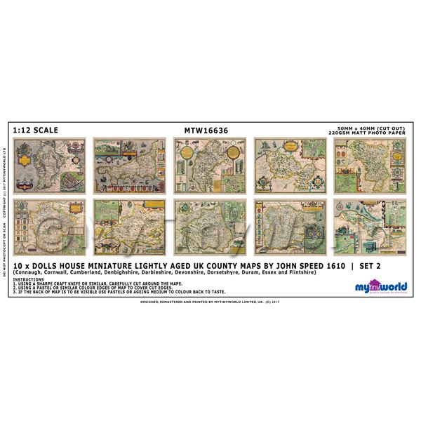 1/12 Scale Dolls House Miniatures  | Dolls House Miniature 10 UK County Maps John Speed 1610 Set 2