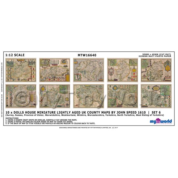 1/12 Scale Dolls House Miniatures  | Dolls House Miniature 10 UK County Maps John Speed 1610 Set 6