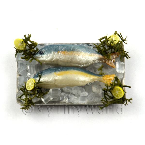 1/12 Scale Dolls House Miniatures  | 2 Dolls House Miniature Blue and Silver Fish on a Tray (FSHT9)