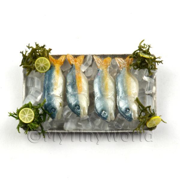 1/12 Scale Dolls House Miniatures  | 4 Dolls House Miniature Silver and Blue Fish on a Tray 