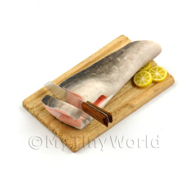 1/12 Scale Dolls House Miniatures  | Dolls House Miniature Whole Salmon Being Cut On a Board 