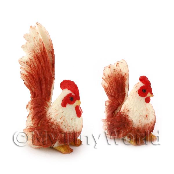 1/12 Scale Dolls House Miniatures  | Miniature Brown And White Hen And Cockerel Set 
