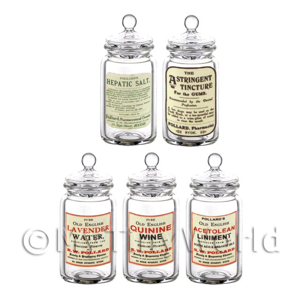 1/12 Scale Dolls House Miniatures  | Set of 5 Miniature Glass Apothecary Storage Jar 