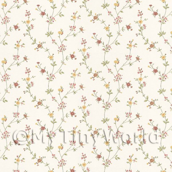 1/12 Scale Dolls House Miniatures  | Dolls House Tiny Red And Yellow Trailing Meadow Flower Wallpaper 
