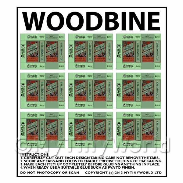 Dolls House Miniature Sheet Of 9 Woodbine Boxes 