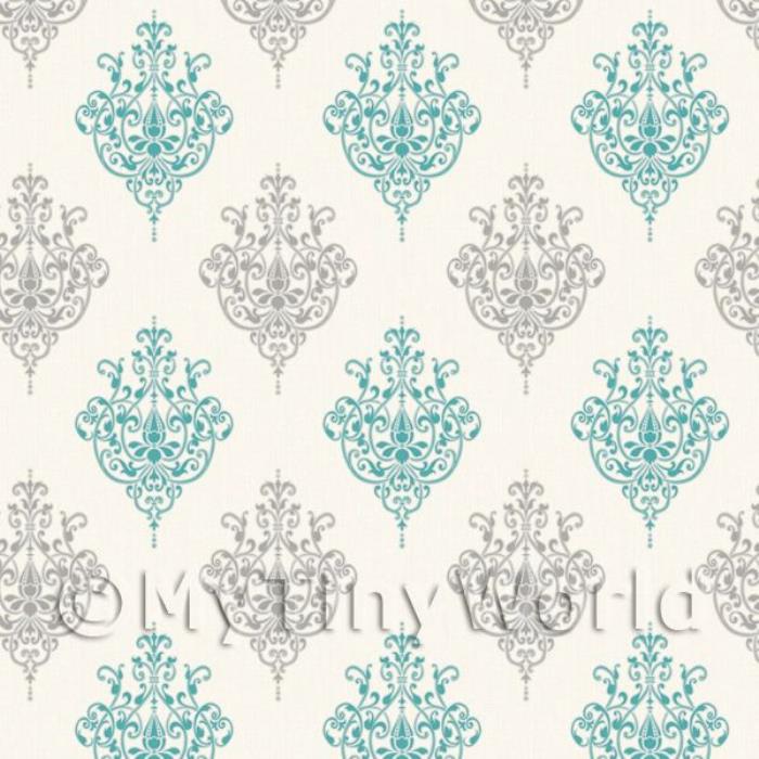 Dolls House Miniature Teal Heraldic Diamond Wallpaper