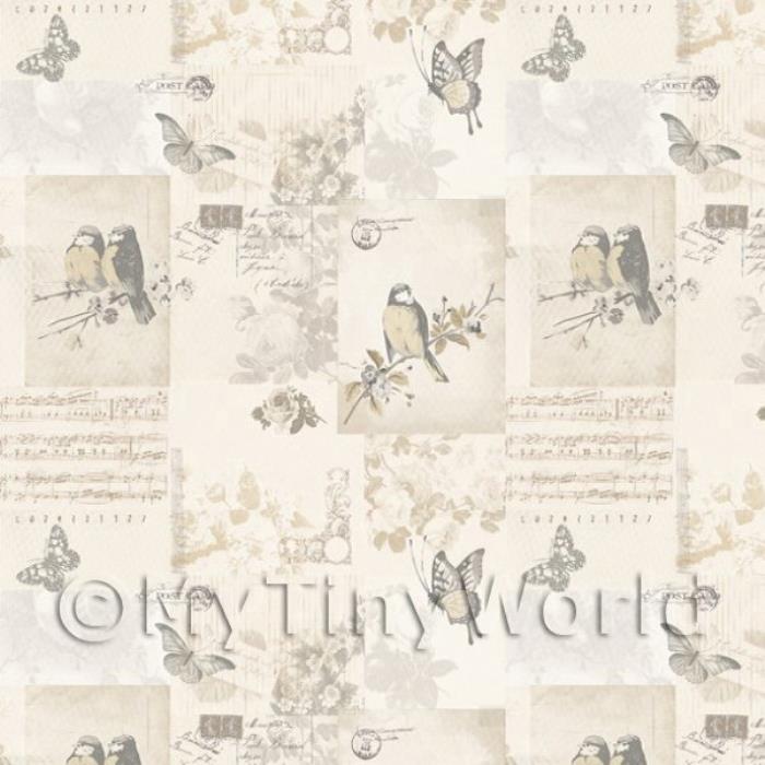 Dolls House Miniature Pale Beige Birds And Butterfly Wallpaper