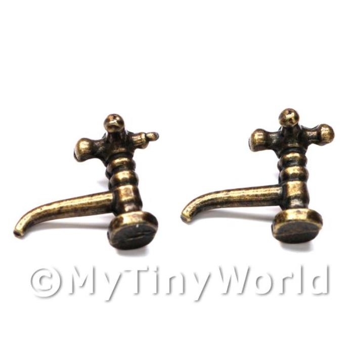 2x Dolls House Miniature Antique Brass Coloured Metal Cross Top Taps