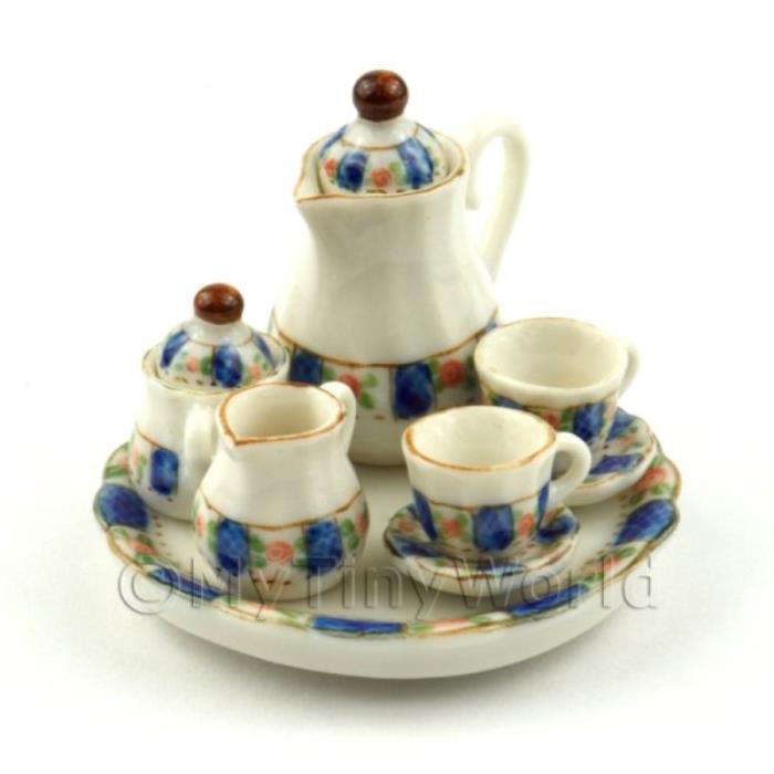 Dolls House Miniature 5 Piece Coffee Set Blue Pink Rose Design