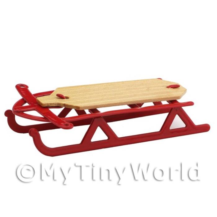 Dolls House Miniature Red Metal Sledge With Wooden Seat
