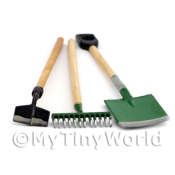 Dolls House Miniature 3 Piece Garden Set Including Spade, Rake And Hoe