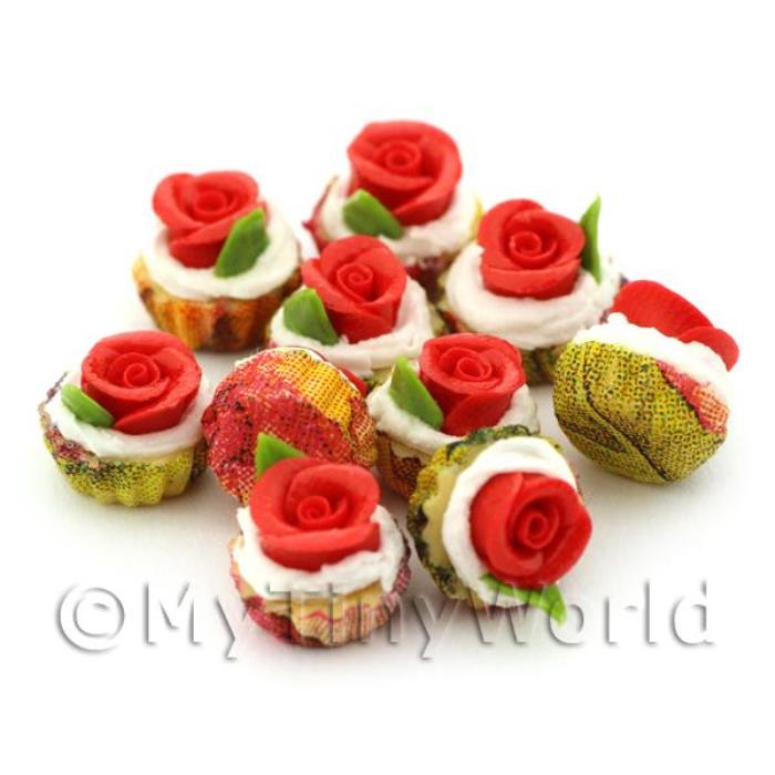 Miniature Red Fondant Rose Cupcake With Red And Yellow Paper Cup