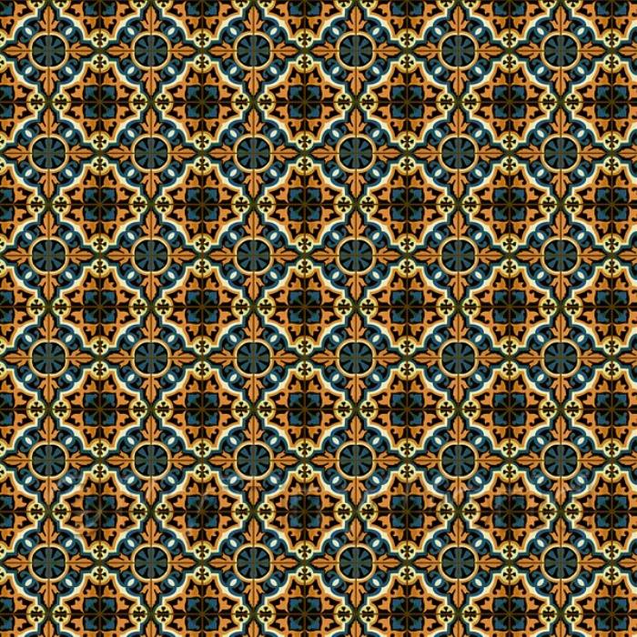 Miniature Dark Orange And Blue Aztec Style Tile Sheet With Brown Grout