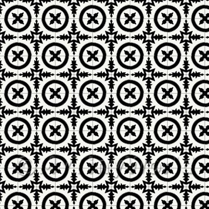 Miniature Black Bordered Floral Circle Design Tile Sheet With Black Grout