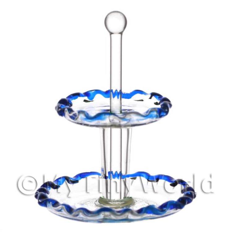Dolls House Miniature Handmade 2 Tier Blue Trimmed Glass Cake Stand