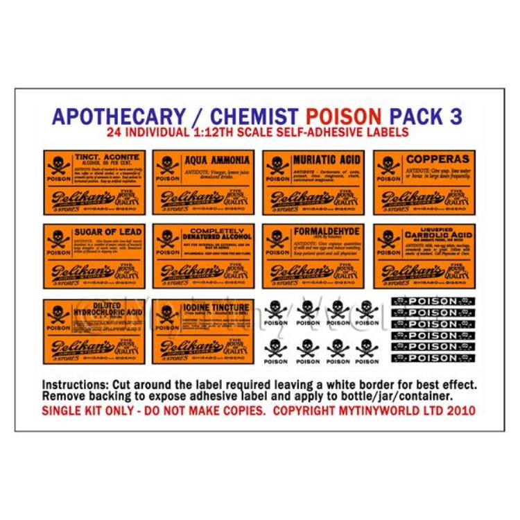 Dolls House Miniature Orange Poison Label Pack 3