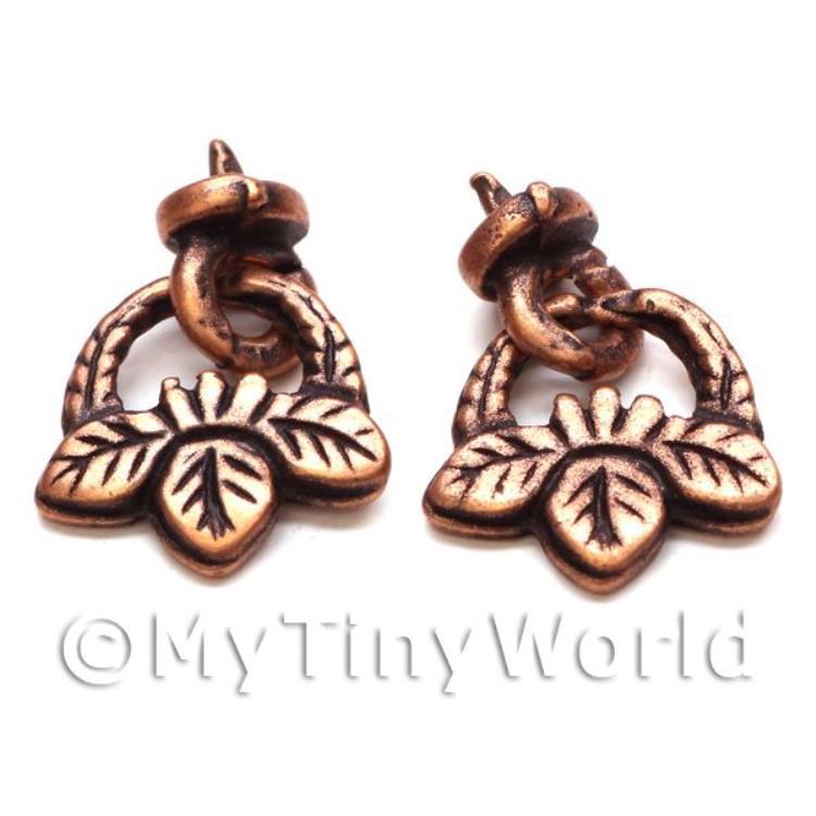 2x Dolls House Miniature Ornate Antique Copper Hanging Leaf Drawer Pulls