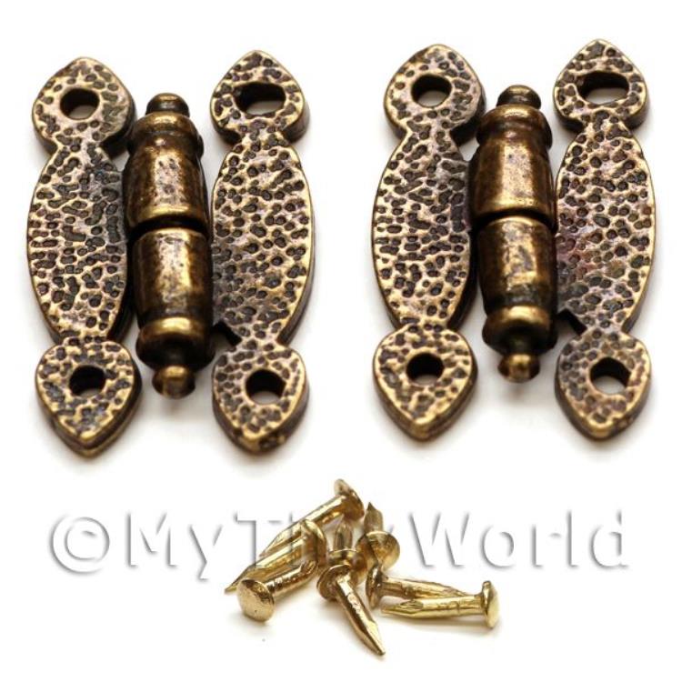 2x Large Dolls House Miniature Ornate Hammered Brass Butterfly Hinges