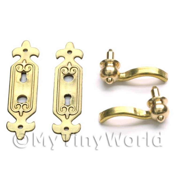 Dolls House Miniature Brass Fleur De Lis Back Plate And Handle Set
