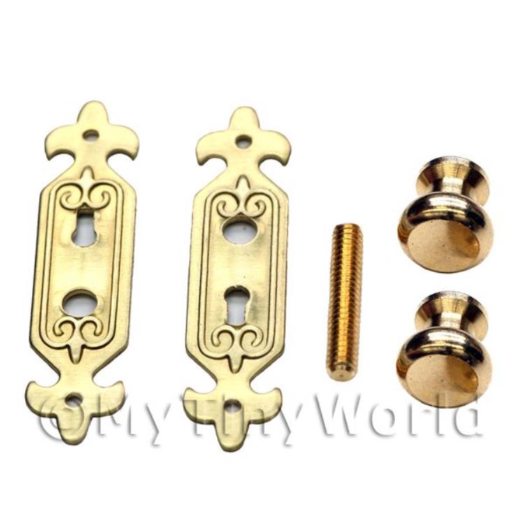 Dolls House Miniature Brass Door Knob And Fleur De Lis Plate Set