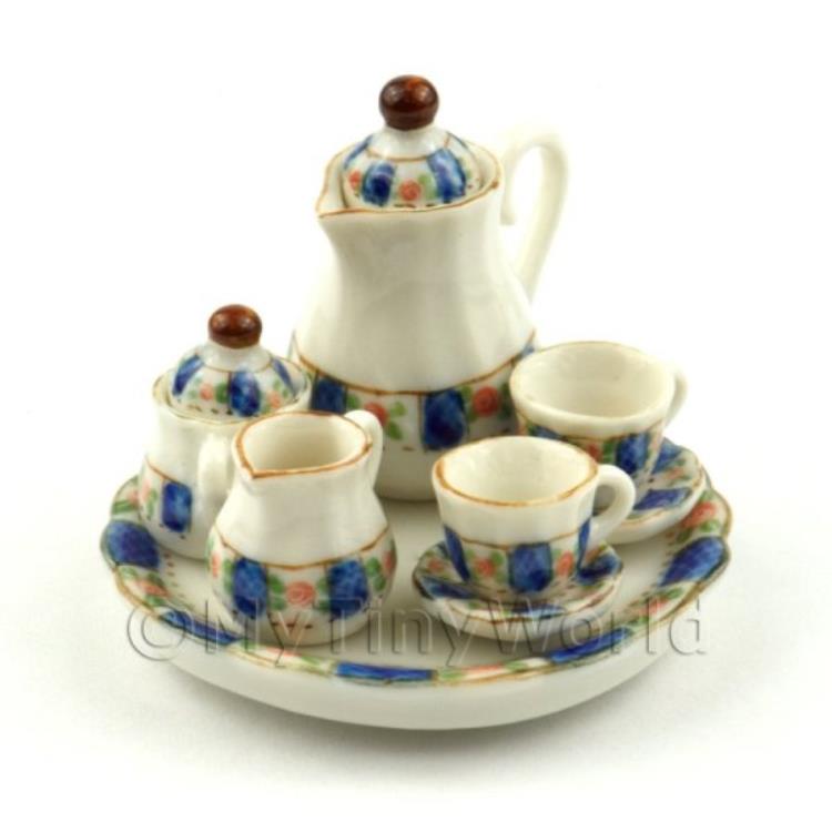 Dolls House Miniature 5 Piece Coffee Set Blue Pink Rose Design