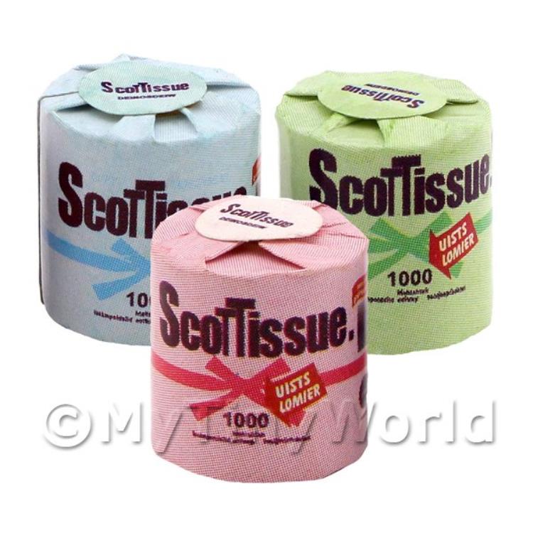 Dolls House Miniature Set Of Three Mixed Colour Toilet Rolls