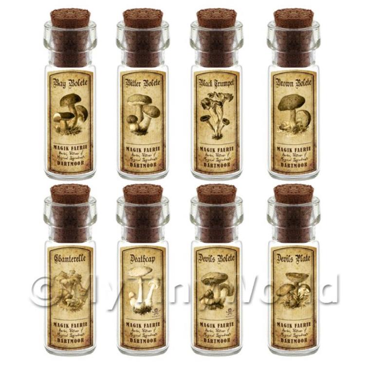 Dolls House Miniature Apothecary 8 Fungus / Mushroom Bottle And Labels Set 1