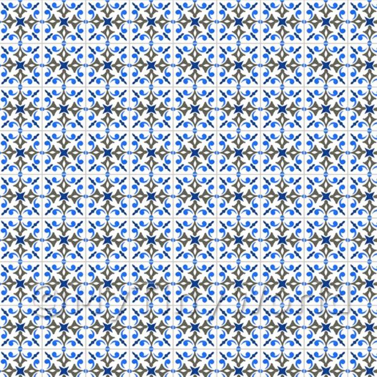 Miniature Large Blue And Grey Ornate Design Tile Sheet With Grey Grout