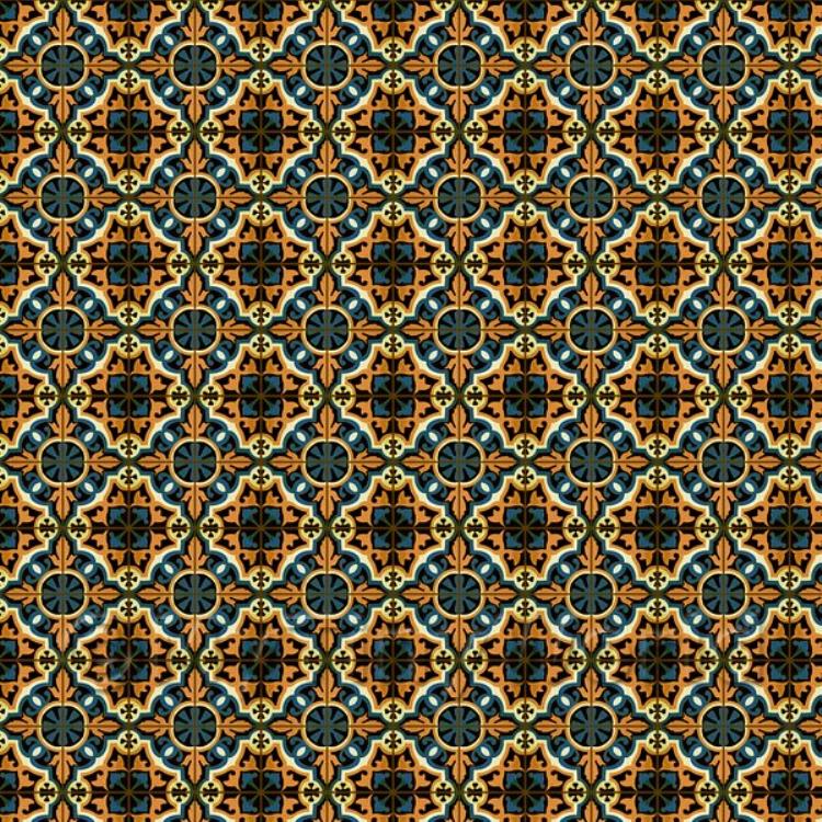 Miniature Dark Orange And Blue Aztec Style Tile Sheet With Brown Grout