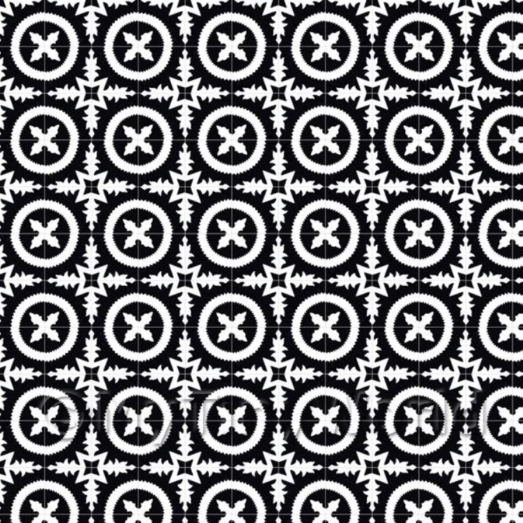 Miniature Black And White Floral Circle Design Tile Sheet With Grey Grout
