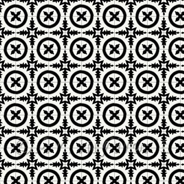 Miniature Black Bordered Floral Circle Design Tile Sheet With Black Grout