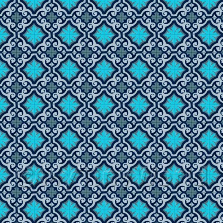 Miniature Navy, Pale And Sky Blue Ornate Tile Sheet With Blue Grout