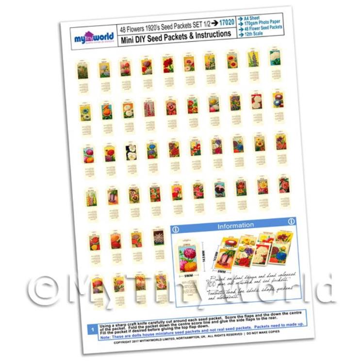 Dolls House Miniature Flower Seed Packet Set 1 A4 Value Sheet
