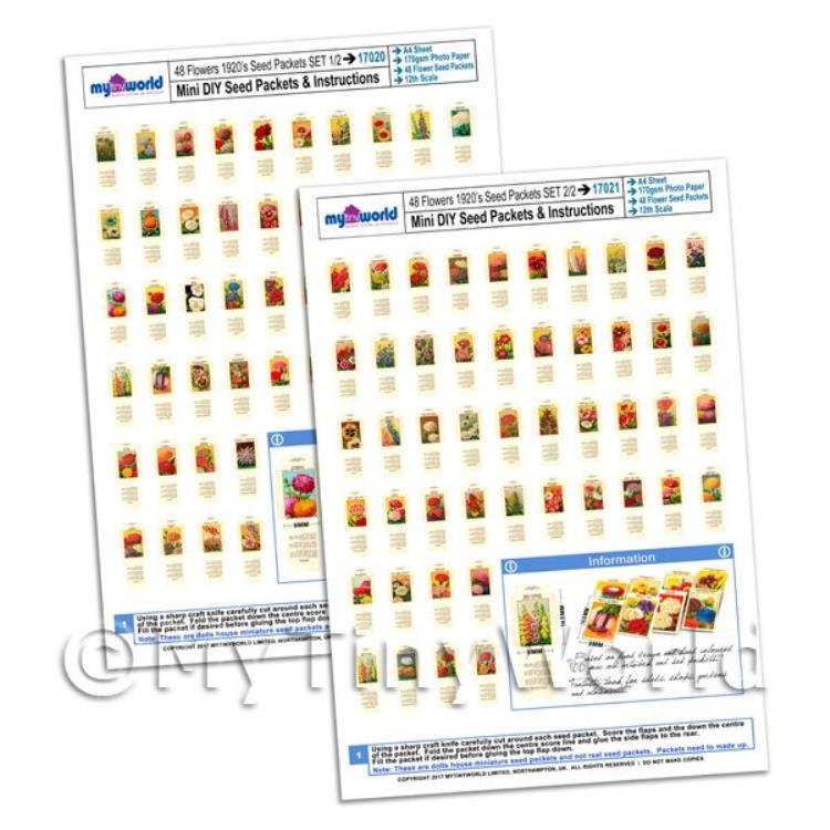 96 Dolls House Flower Seed Packets 2x A4 Value Sheets Complete Set