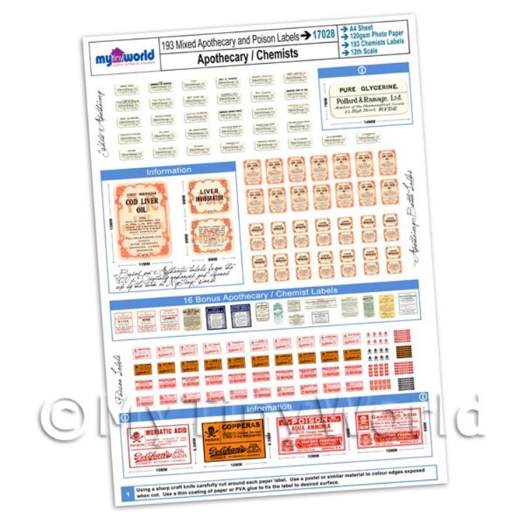 Dolls House Full Set of 193 Apothecary / Chemists Labels A4 Value Sheet