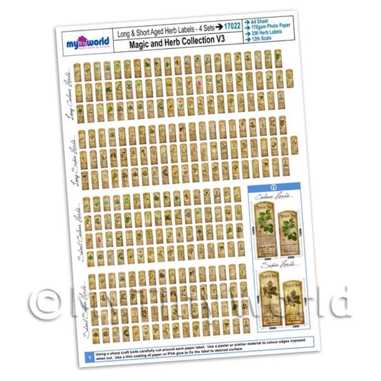 Dolls House Full Set of 256 Long And Short Herb Label A4 Value Sheet